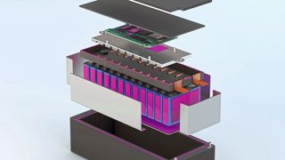 Anwendungsprinzip des neu entwickelten, wärmeleitfähigen Klebstoffs Delo-Duopox TC8686 (magentafarbene Bereiche) für die Montage von Niedervoltbatterien für Hybridfahrzeuge. (Delo)