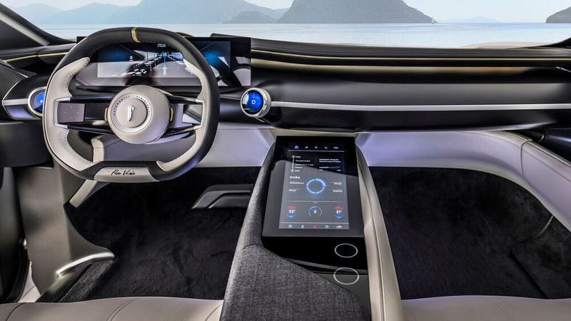 Das aufgeräumte Cockpit bietet reichlich Displayflächen. (Bild: Pininfarina)