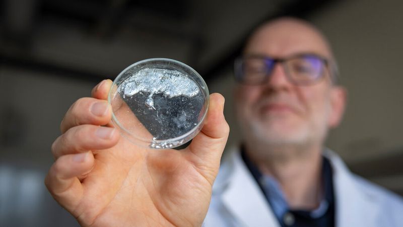 Dr. Tobias Rüffer hält in der Hand eine Petrischale mit dem Metall Gallium, welches bereits bei etwa 30 °C schmilzt. (Bild: TU Chemnitz Pressestelle/ Jacob Müller)