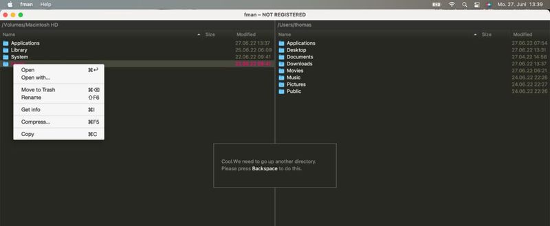 Fman ist eine Alternative zum Finder, die ähnlich funktioniert wie muCommander oder ForkLift. (Bild: Joos (Screenshot))