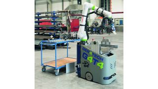 Einsatz der mobilen Roboterplattform mit dem kollaborativen Schunk Greifer bei Ger4Tech, unterwegs zu diversen Maschinen, Abholstationen, Trays und Bearbeitungstischen. (Bild: Schunk)