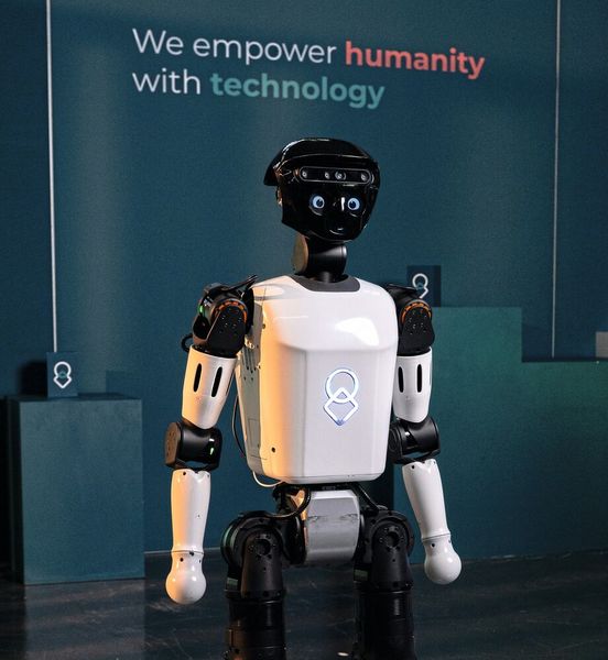 Humanoider Prototyp uMe: United Robotics Group zeigt auf der CES 2026 erste Kernfunktionen wie sprachbasierte Interaktion, sensorbasierte Wahrnehmung (Kameras, Tiefensensorik, Mikrofonarray) und die Anbindung an die Plattform uGo+. (Bild: United Robotics Group)