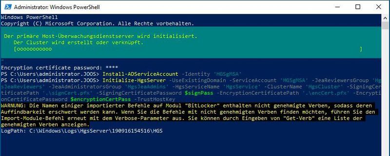 Nach der Einrichtung der Serverrolle, wird der HGS-Dienst noch initialisiert. Danach steht HGS im Netzwerk zur Verfügung. Im nächsten Schritt werden die Hyper-V-Hosts als Guarded-Hosts an HGS angebunden. (Joos)