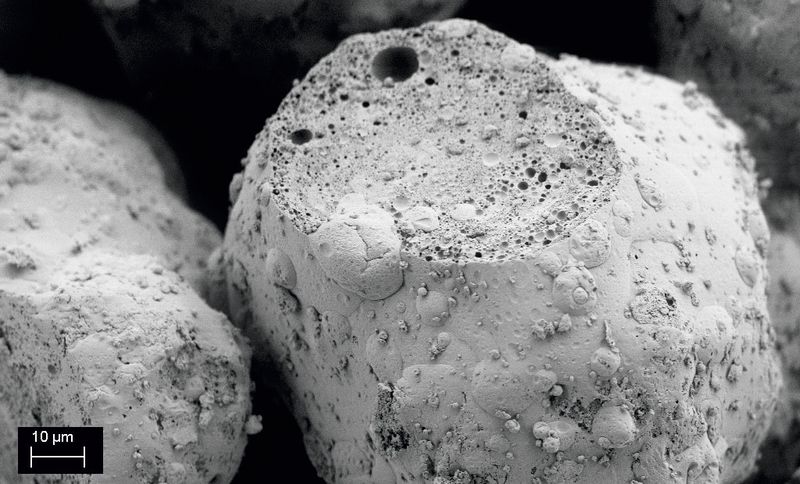 REM picture of the cut surface of an encapsulated product (Picture: Glatt Ingenieurtechnik)