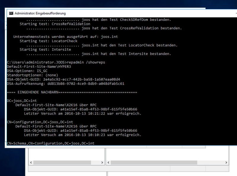 Nach einigen Stunden sollte in der Befehlszeile mit „dcdiag“ überprüft werden, ob der neue Domänencontroller problemlos funktioniert. Zusätzlich lässt sich mit „repadmin /showreps“ anzeigen, ob die Synchronisierung der Domänencontroller funktioniert. (Bild: Joos / Microsoft)