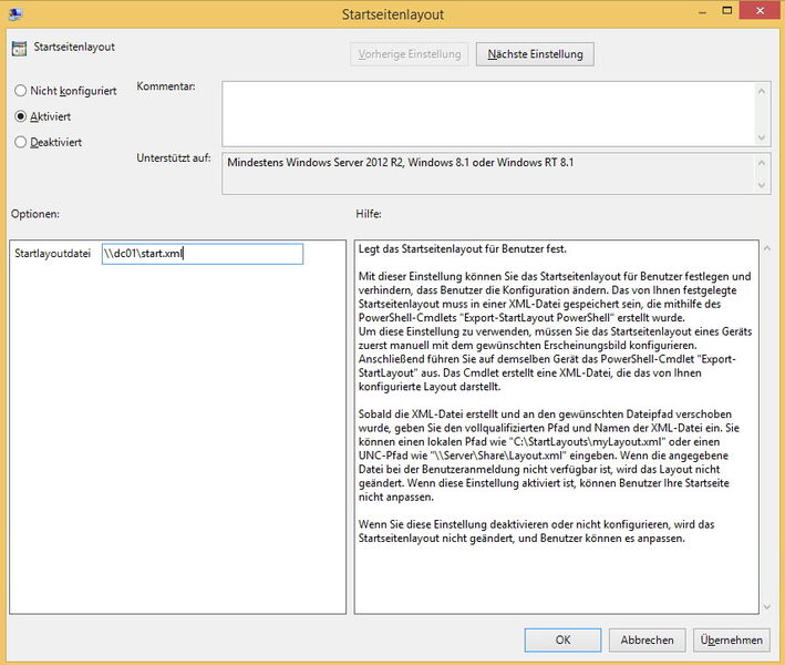 Zur Absicherung der Startseite gibt es in den Richtlinien von Windows 8.1 die Option „Startseitenlayout“. Diese finden Administratoren über „gpedit.msc“ im Bereich „Benutzerkonfiguration\Administrative Vorlagen\Startmenü und Taskleiste“. Hier können Administratoren auch die Layout-Datei hinterlegen, die sie vorher mit dem neuen CMDlet „export-startlayout“ exportiert haben. (Bild: Archiv)