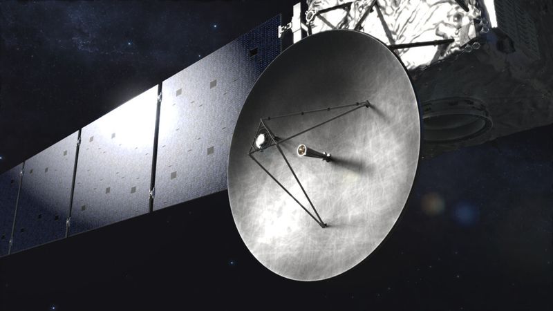 Rosetta richtet die Antenne aus: Die Übermittlung der Signale von der Raumsonde Rosetta zur Bodenstation dauert etwa 30 min. (Video-Still aus 