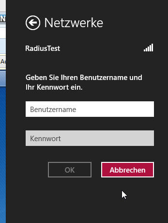 Der Radius-Login auf Windows 8 – andere Systeme sehen ähnlich aus. Statt der Eingabemaske für den WLAN-Schlüssel müssen sich Nutzer mit Benutzername und Passwort anmelden. (VBM)
