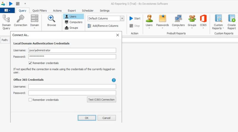 Dovestones Software AD Reporting erfordert zunächst eine Anmeldung an Active Directory und kann danach umfassende Berichte erstellen. (Bild: Joos / Infoopia Inc / Dovestones Software)