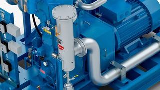 Der Kompressor TRZ 1000 der Mehrer Compression GmbH  zeichnet sich durch eine absolut ölfreie Verdichtung, sowie seine platzsparende Vertikalbauweise aus. (Mehrer Compression)