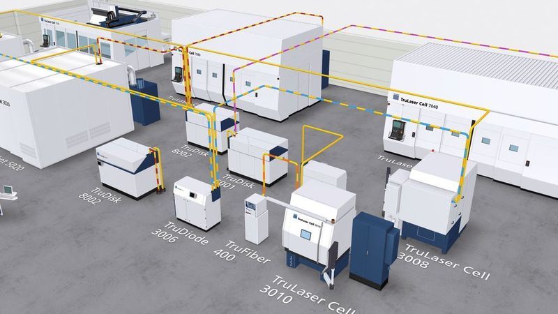 Bild 2: Die Trulaser-Cell 7040 mit Festkörperlaser kann im Laser Network betrieben werden. Flexible Laserlichtkabel leiten das Laserlicht des Scheibenlasers bis zur Bearbeitungsoptik des Lasersystems.  Bild: Trumpf (Archiv: Vogel Business Media)