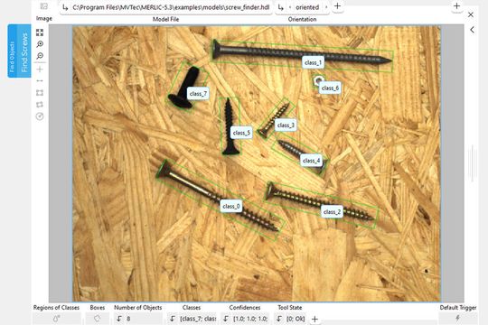Das Tool „Objekt finden“ lokalisiert trainierte Objektklassen und identifiziert sie mit einem umschreibenden Rechteck (Bounding Box).(Bild:  MVTec Software)