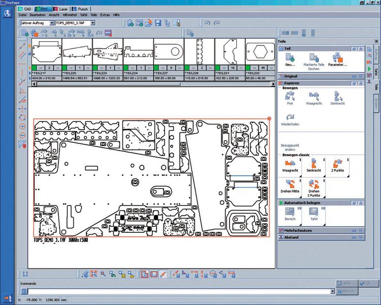 Mit Trutops Laser lassen sich Trulaser-Maschinen einfach und zuverlässig programmieren. Ein effizientes Schachtelprogramm mit verschiedenen Einstellmöglichkeiten  platziert unterschiedliche Teile optimal auf der Blechtafel. (Bild: Trumpf)