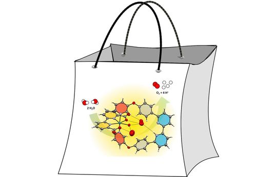 Enzym-ähnliche Wasserorganisation vor einem Ruthenium-Wasseroxidations-Katalysator, die Forscher in einer künstlichen Tasche ablaufen lassen. Enzym-ähnliche Wasserorganisation vor einem Ruthenium-Wasseroxidations-Katalysator, die Forscher in einer künstlichen Tasche ablaufen lassen.