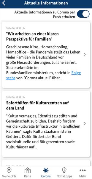 Unter „Aktuelle Informationen“ kann man seine Erlaubnis zu Push-Nachrichten für Corona-News erteilen (NINA App/su)