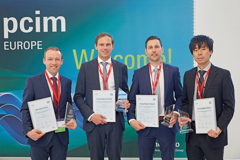 Die Award-Gewinner auf der PCIM Europe 2017 (v.l.n.r.): Alexander Hensel, Siemens, Marco Denk, University of Bayreuth, Franz Stubenrauch, Technical University Munich und Tomoyuki Miyoshi, Hitachi. (Mesago/Thomas Geiger)