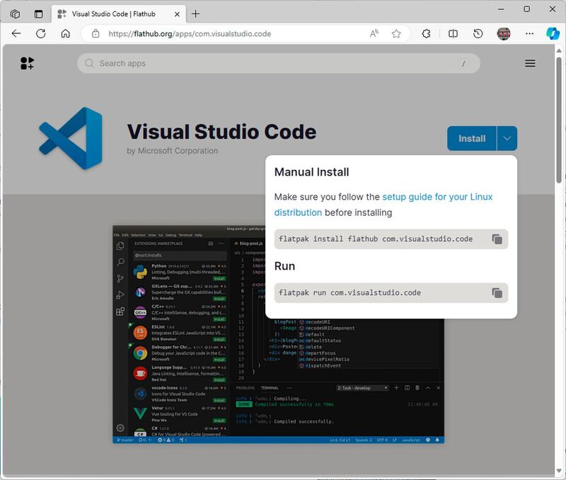 Visual Studio Code lässt sich als ein Flatpak von Flathub beziehen und auf einer beliebigen unterstützen Distribution mit einem simplen Befehl einrichten.