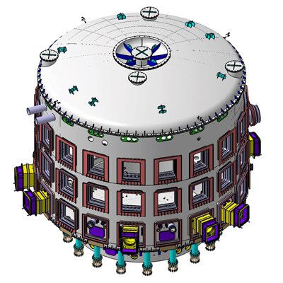 Welded together from thick stainless steel plates measuring between 40 and 180 millimetres, the ITER cryostat will completely surround the ITER Tokamak, forming the world's largest high-vacuum chamber. (Bildquelle: ITER Organization)