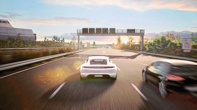 Virtuelle Autobahn: So sieht die A8 in der Nähe des Stuttgarter Flughafens in einer Game Engine Simulation aus. (Porsche)