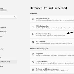 Die Geräteverschlüsselung kann schnell und einfach in der Einstellungs-App von Windows 10 und Windows 11 aktiviert werden. Die Optionen dazu sind bei „Datenschutz und Sicherheit“ zu finden.(Bild:  Joos)