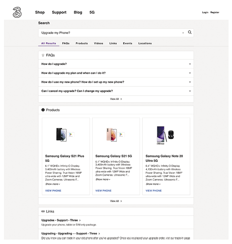 (Der Webshop der Telekommunikationsmarke Three gibt Antworten auf Fragen und will damit seine Conversions erhöhen und Anfragen via Telefon und E-Mail reduzieren. Bild: Screenshot Three Case)