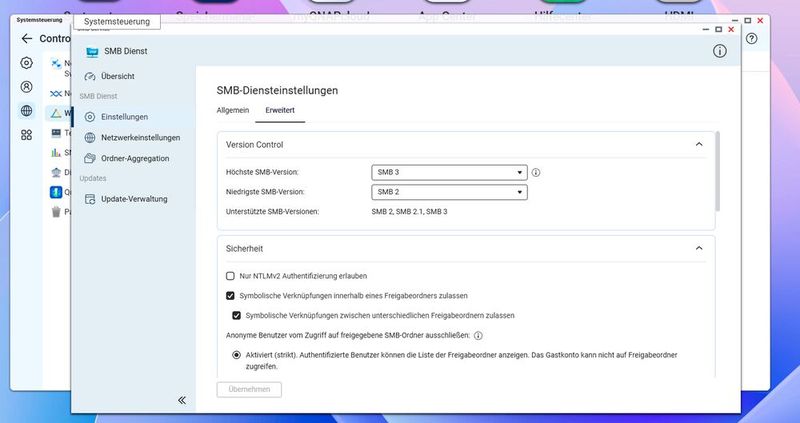 Erweiterte SMB-Konfiguration mit Protokollversion und sicherheitsrelevanten Optionen. (Bild: Joos – QNAP)