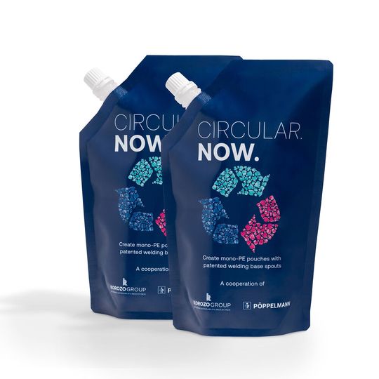 Maximal recyclingfähige flexible Verpackungen mit Ausgießer von Pöppelmann FAMAC®: Monomaterial-Spouts mit Verschlusskappe aus PE, PP oder sogar PCR(Bild:  Pöppelmann)