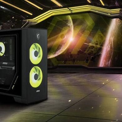 Die beiden großen RGB-Gehäuselüfter an der Vorderseite des kompakten Towers sind der Blickfang beim MSI MAG Infinite Z. Ein transparentes Seitenpanel gestattet den Blick auf Mainboard und Grafikkarte.  (Bild: MSI)