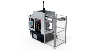 Für die Präzisionsbearbeitung von wellenförmigen Werkstücken kann die neue „Cube evo“ als selbstrüstende Maschinenlösung von Thielenhaus geliefert werden. Das Handling sei komplett in die Maschine integriert. Zu sehen auf der Grindtec 2018 in Augsburg.  (Thielenhaus)
