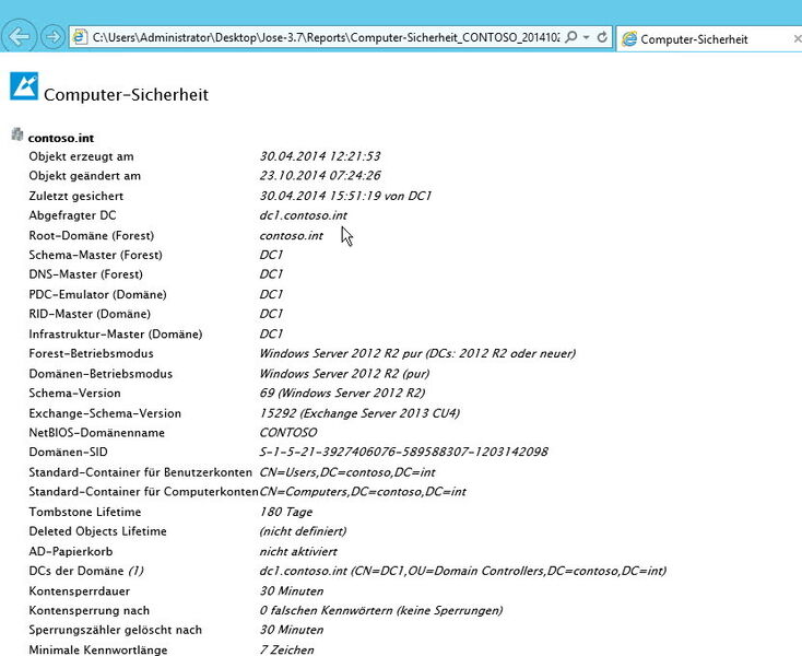 Abbildung 17: Der HTML-Bericht von Jose zeigt auch Informationen zum Sicherheits-Zustand von Active Directory an. (Bild: Joos)