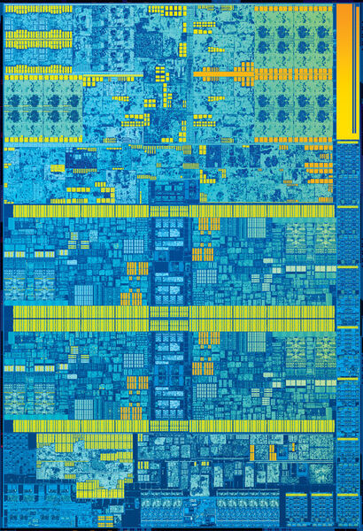 Skylake unter dem Mikroskop: Bei dem neuen 14-Nanometer-Prozessoren von Intel ist der Anteil der Grafikeinheit an der Gesamtfläche noch einmal gewachsen. Sie nimmt das obere Drittel über den vier Cores ein. (Bild: Intel)