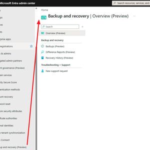 Im Microsoft Entra Admin Center liegt der Einstieg zu Backup and Recovery in der linken Navigation und führt zu den Bereichen Übersicht, Backups, Differenzberichte und Wiederherstellungsverlauf.(Bild:  Joos | Microsoft)
