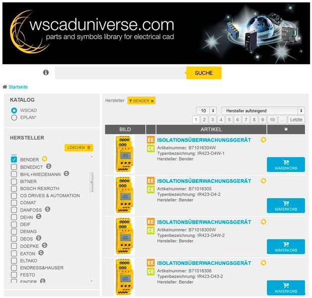 Produkte können schnell und einfach gefunden werden und ihre Artikeldaten im WSCAD- oder Eplan-Format kostenlos heruntergeladen werden. (Bild: WSCAD)