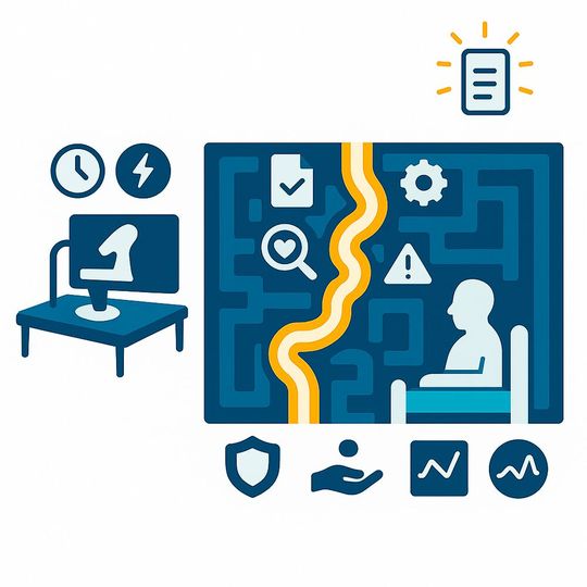 Zwischen Prototyp und Patient liegt für Start-ups ein regulatorisches Labyrinth. Ein Whitepaper von TÜV Süd soll bei der Navigation helfen.(Bild:  GPT Image Editor / KI-generiert)