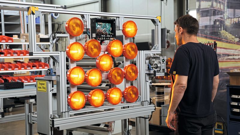 Ein Mitarbeiter fertigt dank leaner Prozesse und ergonomischer Arbeitsplatzlösung zwei Leuchtpfeile pro Tag.(Bild:  RK Rose+Krieger)