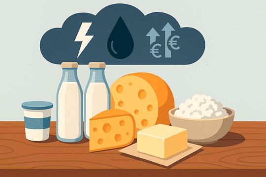 Geopolitische Krisen im Iran und der Ukraine treiben die Energiekosten für Molkereien in die Höhe und werden sich in steigenden Produktpreisen niederschlagen. (Bild:  GPT Image Editor / KI-generiert)