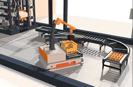 Fahrerloses Transportfahrzeuge (FTF) in Kombination mit einem MRK-Roboter.(Bild:  Trapo)