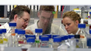 Biomediziner vom LIMES-Institut der Uni Bonn (links im Bild: Professor Dr. Michael Hoch) haben einen Immunmechanismus entdeckt, der über den so genannten Insulinsignalweg direkt an den Stoffwechsel-Status gekoppelt ist.  (Bild: Frank Homann, Uni Bonn)