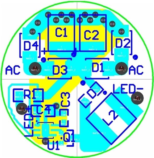 Bild 4: Die Anschlüsse für die Ausgänge LED+ und LED- sind auf der Platine für den 5-W-MR16-LED-Lampentreiber zu erkennen (Archiv: Vogel Business Media)