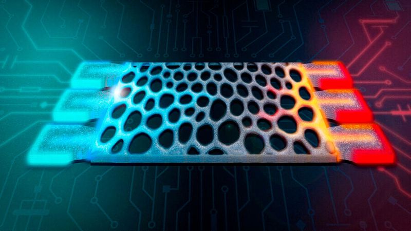 Diese künstlerische Darstellung zeigt ein thermisches Analogrechengerät, das Berechnungen unter Verwendung von überschüssiger Wärme durchführt und in ein mikroelektronisches System eingebettet ist.(Bild:  Jose-Luis Olivares, MIT)