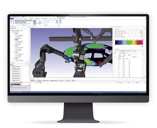 (Das Simulationsprogramm DXQ3D.onsite stellt die Schichtdicken in einem Farbverlauf auf der Karosserie dar. Zu hohe Schichtdicken werden rot und zu niedrige blau dargestellt. Bild: Dürr Systems AG)