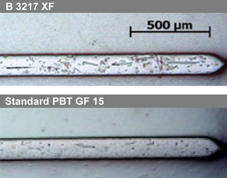 Schnittbild der Glasfaserverteilung: Steckerleisten lassen sich mit Pocan B 3217 XF filigran konstruieren, weil auch sehr dünnwandige Bauteilbereiche dank der gleichmäßig orientierten Glasfasern mechanisch ausreichend stabil sind. (Lanxess)