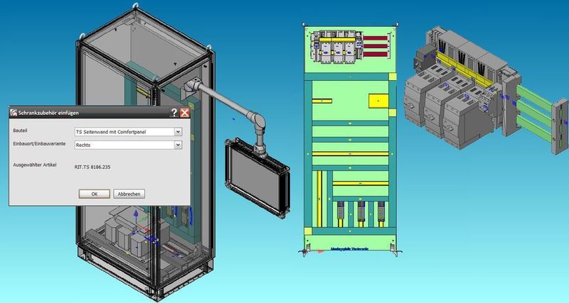 Der Schrank wird mit den aus dem elektrotechnischen Projekt stammenden Bauteilen aufgebaut inklusive Konfektionierung von Zubehör und Bestückung der Montageplatte. Bild: Eplan (Archiv: Vogel Business Media)