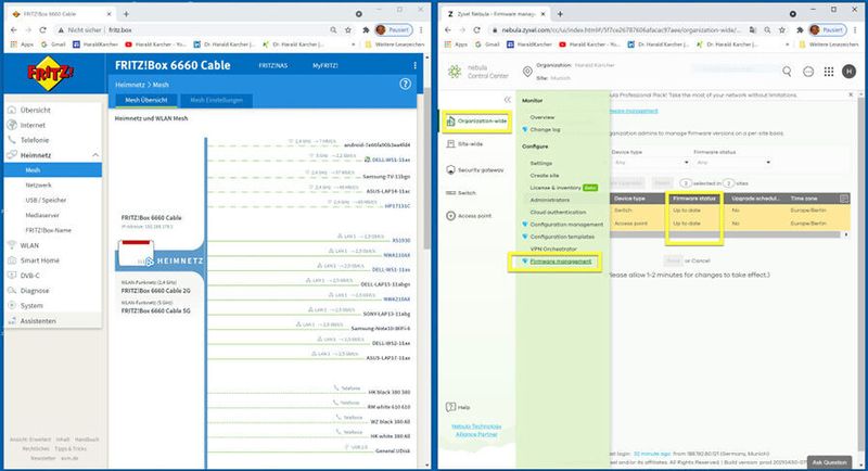 Das Firmware Management lokaler Geräte via Cloud ist schon elegant: Man stößt die Updates für unterschiedliche Geräte, Switche und Access Points in der Cloud an, statt wie früher im Stand-Alone-Betrieb vor Ort an den Geräten herumzuschrauben. (HARALD KARCHER)