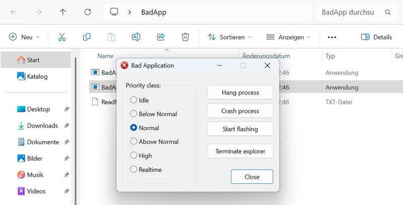 Das Freeware-Tool „Badapp“ hilft beim Trobleshooting und beim Testen von Anwendungen und Prozessen. (Bild:  Thomas Joos)