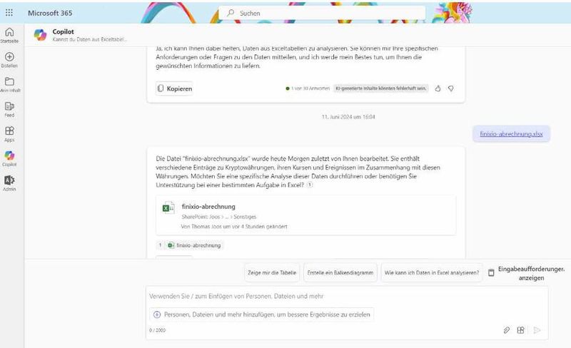 Der Copilot für Microsoft 365 kann auch zur Analyse von Daten genutzt werden, auch von Daten, die direkt in SharePoint gespeichert sind sowie Excel-Tabellen.  (Bild: T. Joos)