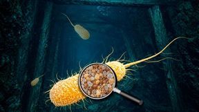 Erstaunliche Winzlinge! Auf dieser per KI bearbeiteten Illustration sieht man, wie ein Bakterium verschiedene Nanopartikel in seiner Zellmembran eingelagert hat. Die gute Nachricht ist, dass Mikroben so selbst uranverseuchte Milieus sozusagen dekontaminieren können. Hier mehr dazu ... (Bild: HZDR / J. Raff)