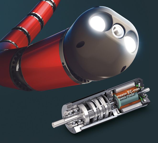 Ob Flugzeugmontage oder Inspektion von Kanälen: Der mit Maxon-Motoren ausgerüstete, mehrgliedrige Roboterschlangenarm dringt in die entferntesten Winkel vor, wo kein Mensch hinkommt. (Bild: Maxon)