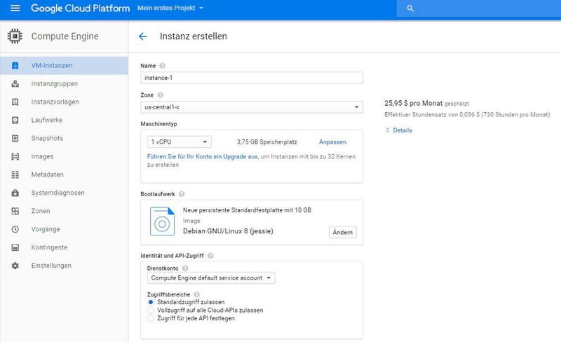 Beim Erstellen neuer virtuelle Computer können in der Weboberfläche die wichtigsten Daten der VM angegeben werden. (Google)