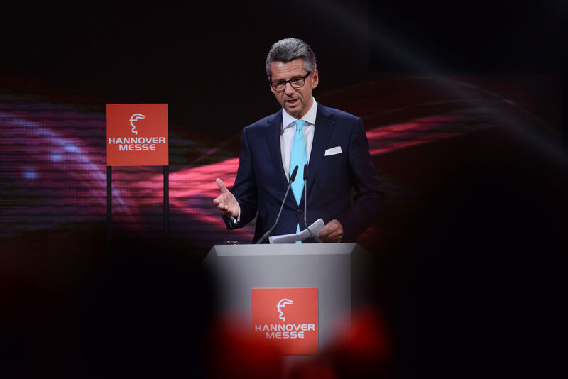 Ulrich Grillo, Präsident des Bundesverbands der Deutschen Industrie e.V., spricht während der Eröffnungsfeier der Hannover Messe. (Deutsche Messe)
